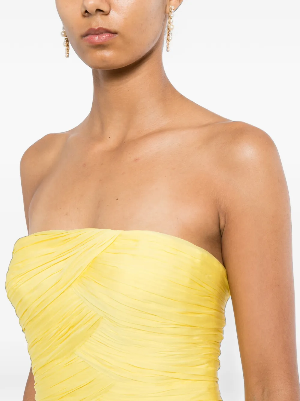 Zuhair Murad Strapless gedrapeerde zijden chiffon avondjurk Geel