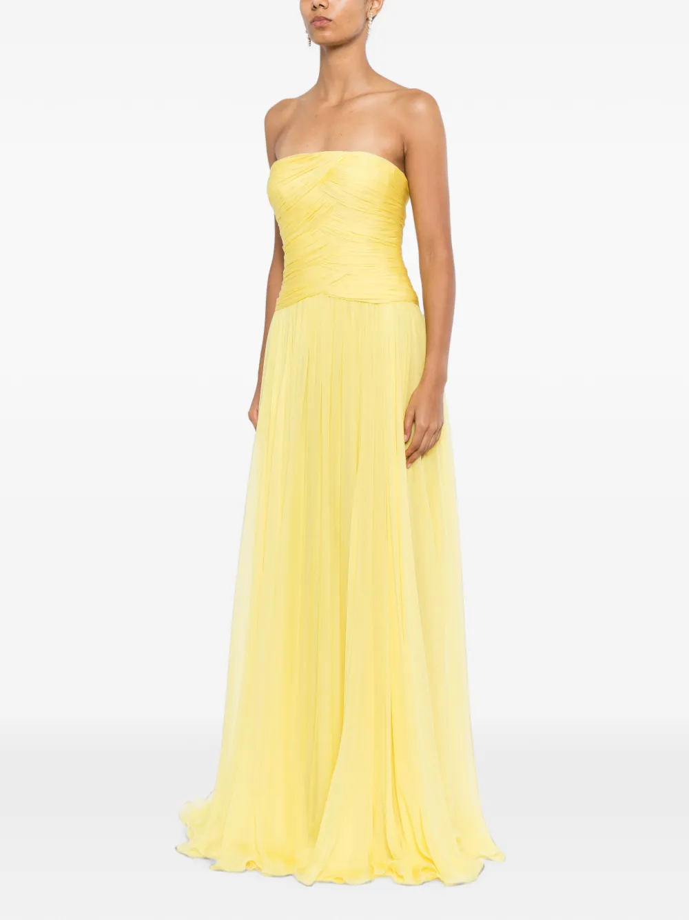 Zuhair Murad Strapless gedrapeerde zijden chiffon avondjurk Geel