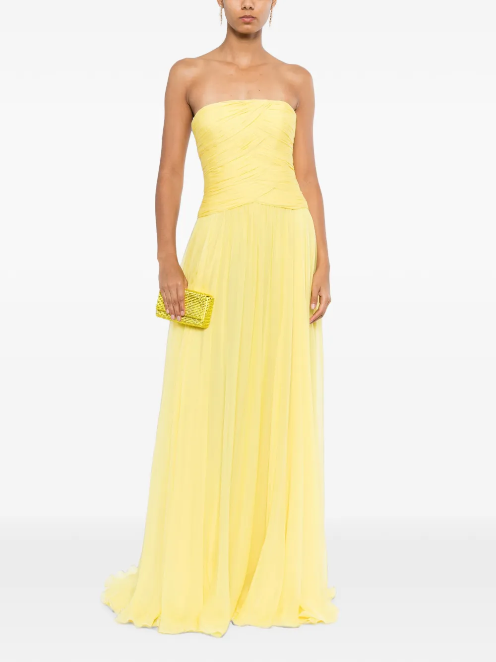 Zuhair Murad Strapless gedrapeerde zijden chiffon avondjurk Geel