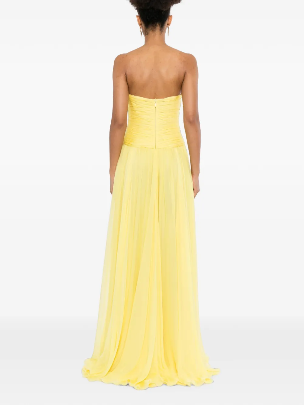 Zuhair Murad Strapless gedrapeerde zijden chiffon avondjurk Geel