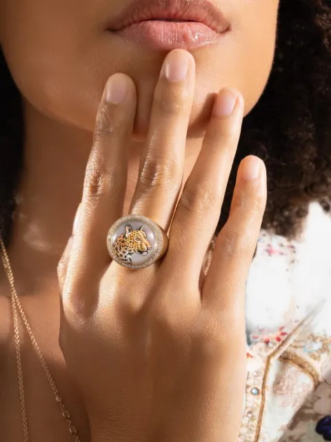 Jacquie Aiche mother of pearl and diamond leopard ring