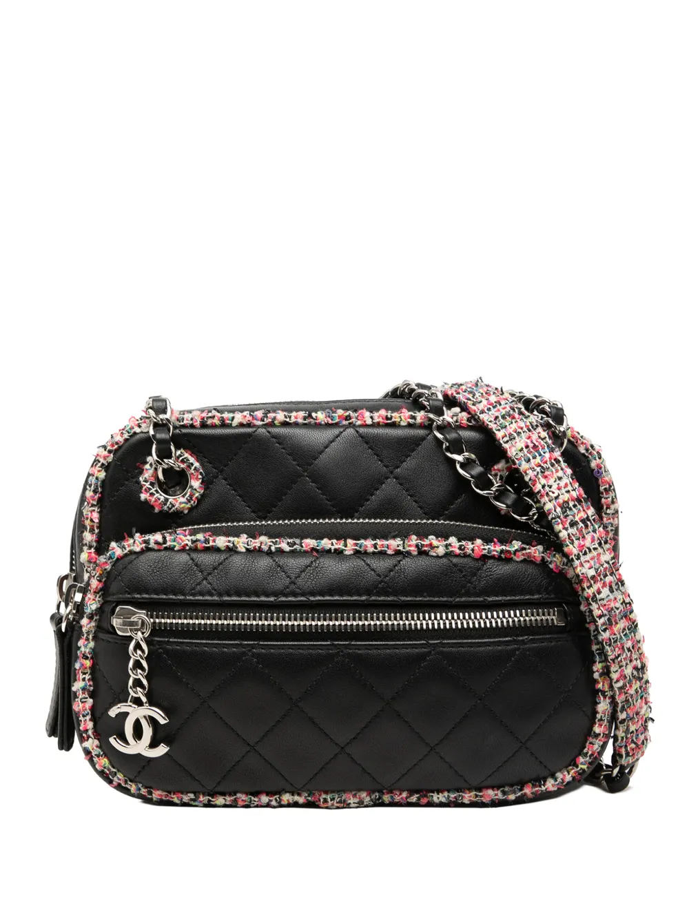 CHANEL Pre-Owned 2019 CC Quilted Lambskin Tweed Elegant Trim Front Zip Camera Bag crossbody bag - Schwarz