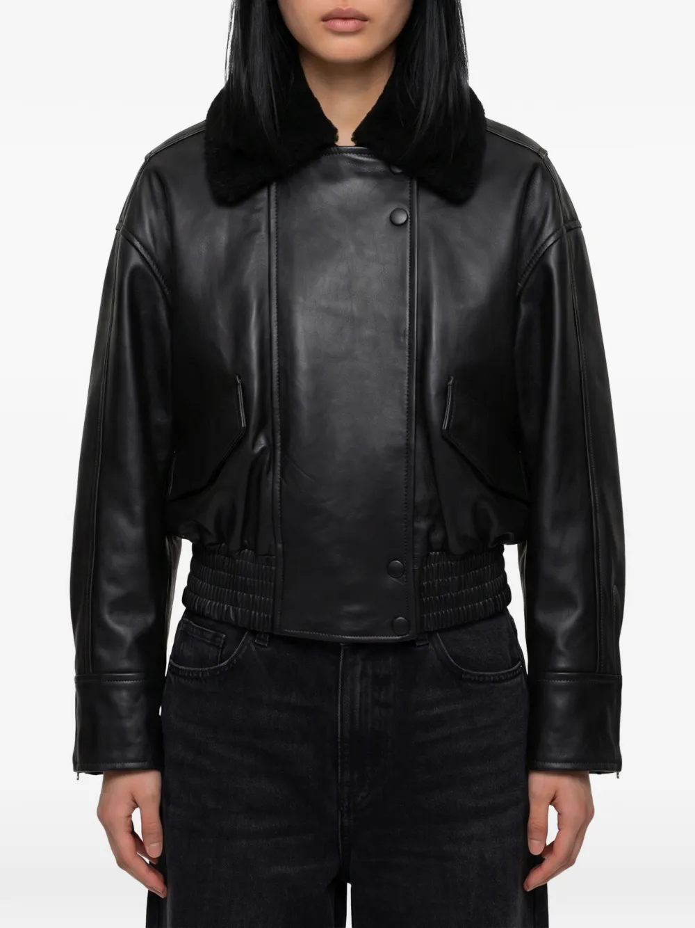 IVY OAK Laila Lane shearling-collar leather bomber jacket - Schwarz