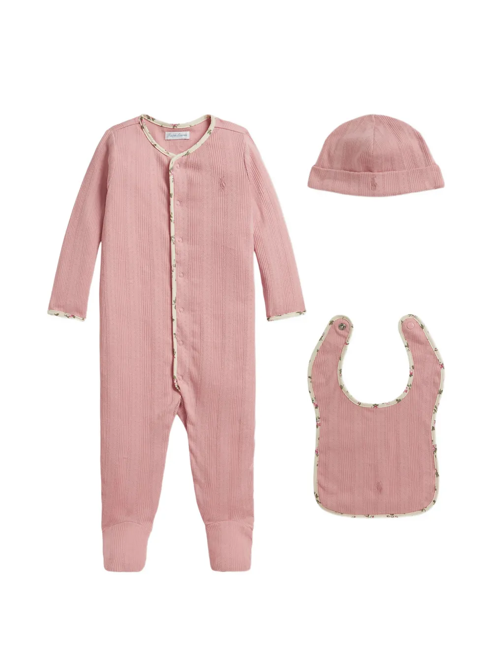 POLO RALPH LAUREN KIDS floral-trim pointelle-knit babygrow set (set of three) - Rosa