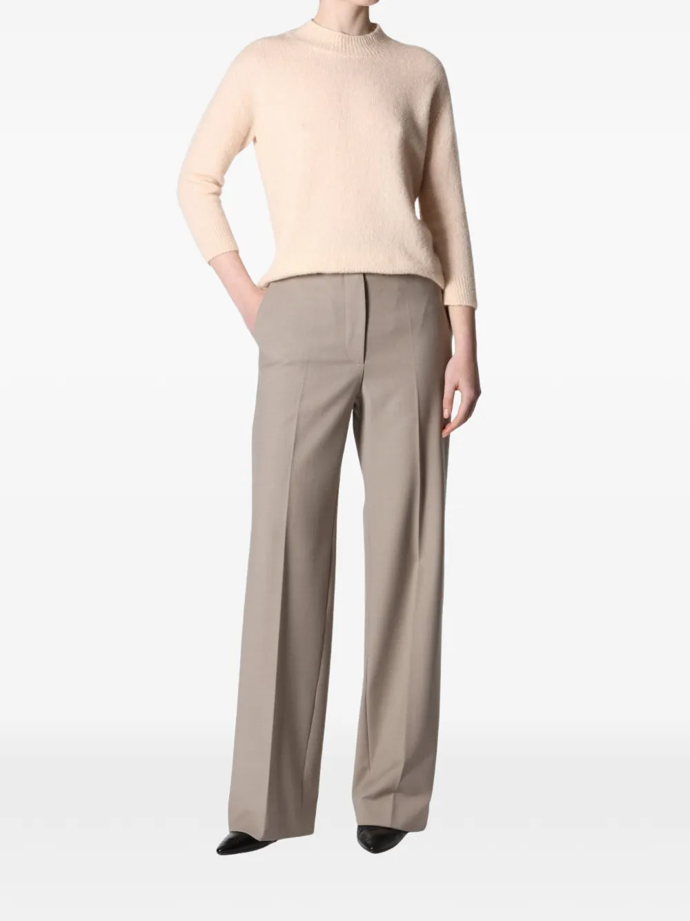 Roberto Collina Trui met ronde hoge hals en cropped mouwen Beige