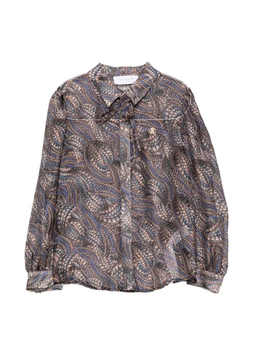 Roberto Cavalli Junior feather-print pussy-bow blouse - Marrone