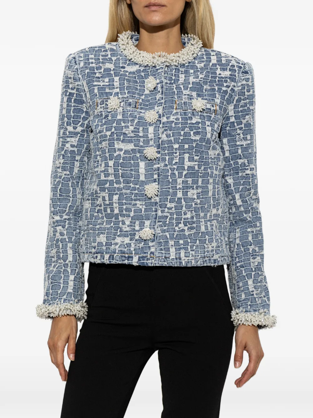 Self-Portrait Blue Textured Denim Jacket, view 3