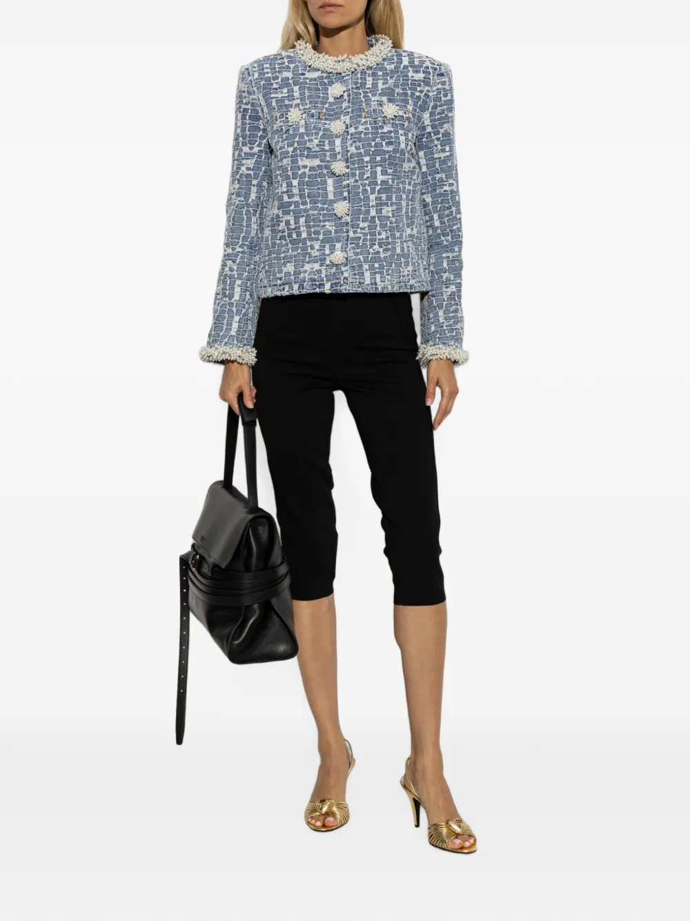 Self-Portrait Blue Textured Denim Jacket, view 2