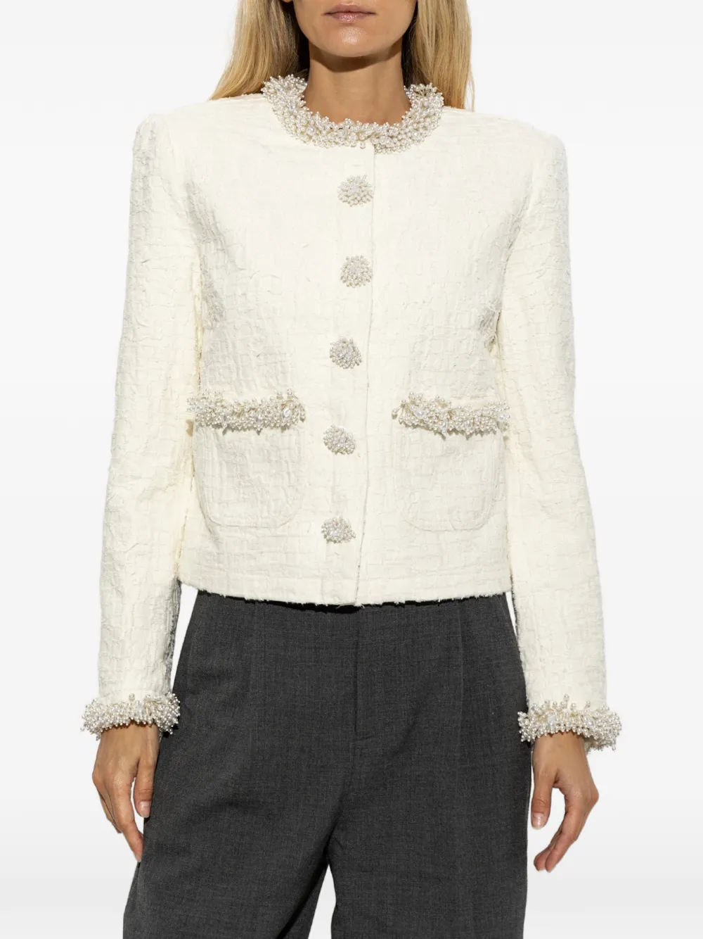 Self-Portrait Denim jack met textuur Beige