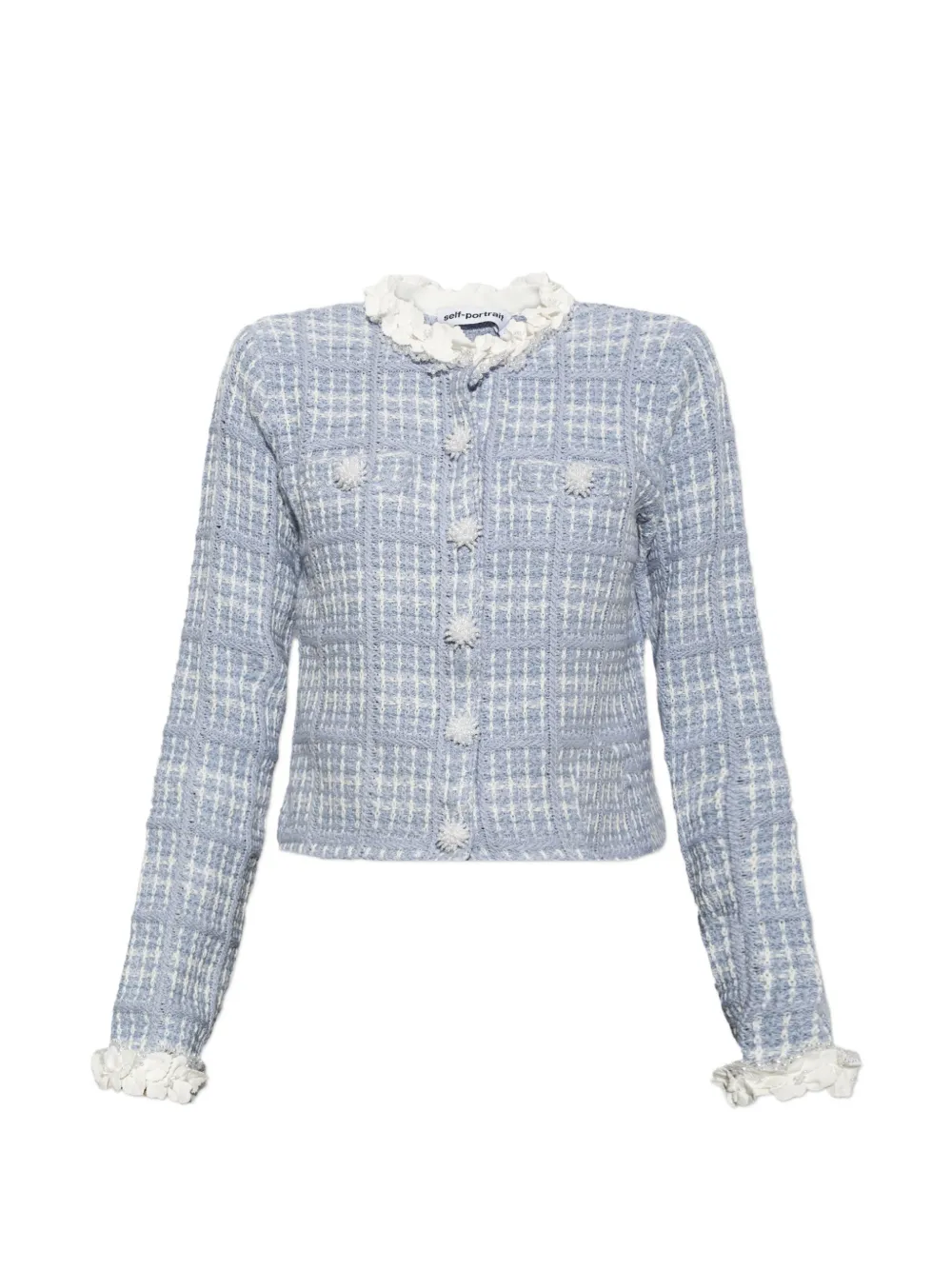 Self-Portrait blue check knit beaded jacket