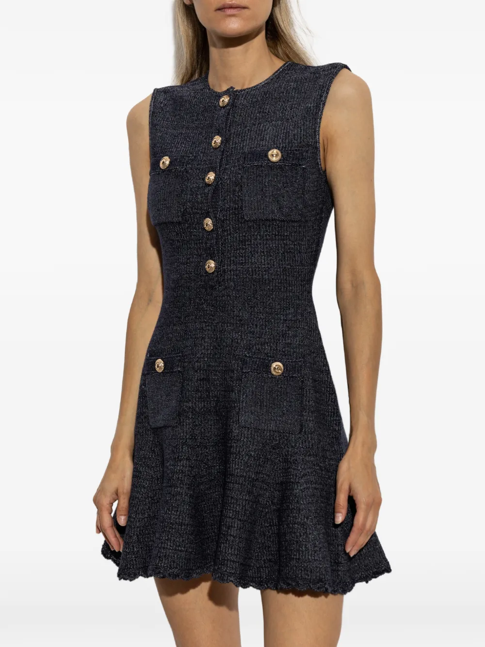 Self-Portrait Mouwloze gebreide mini-jurk met textuur Blauw