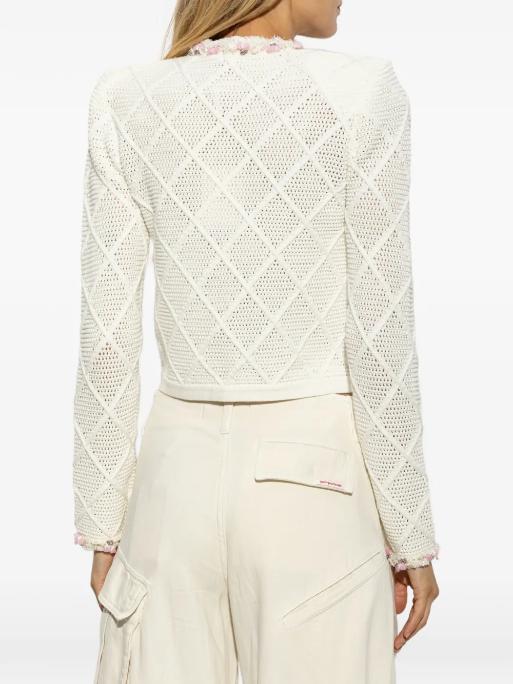 Self-Portrait Cream Fringe Knit Cardigan in White, view 4