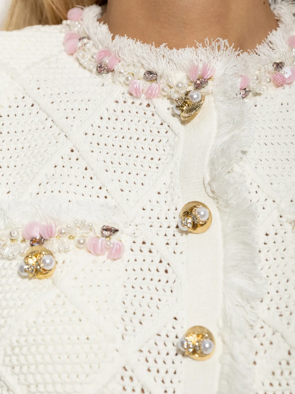 Self-Portrait Cream Fringe Knit Cardigan in White, view 5
