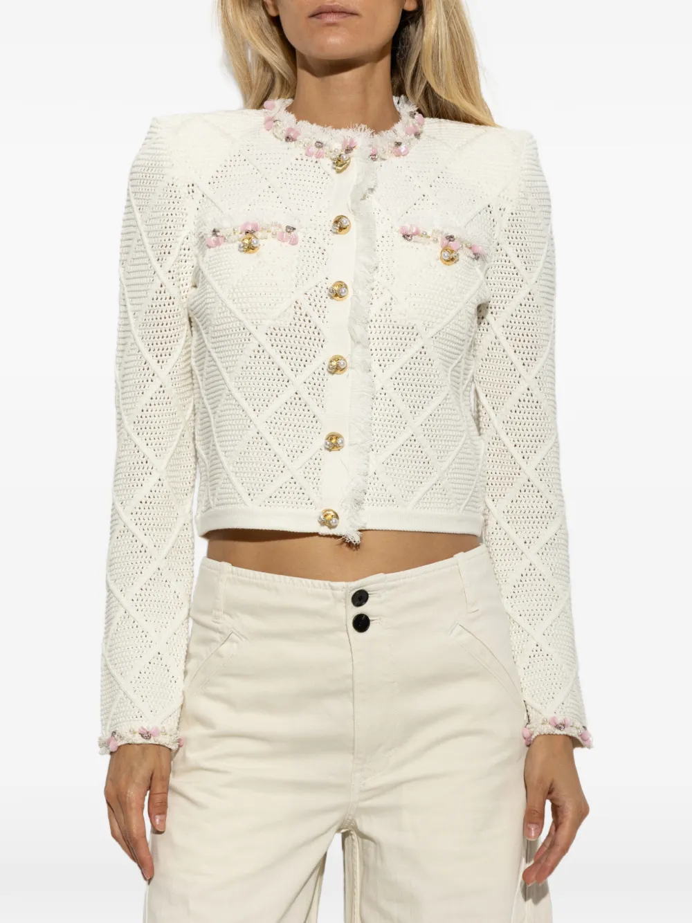 Self-Portrait Cream Fringe Knit Cardigan in White, view 3