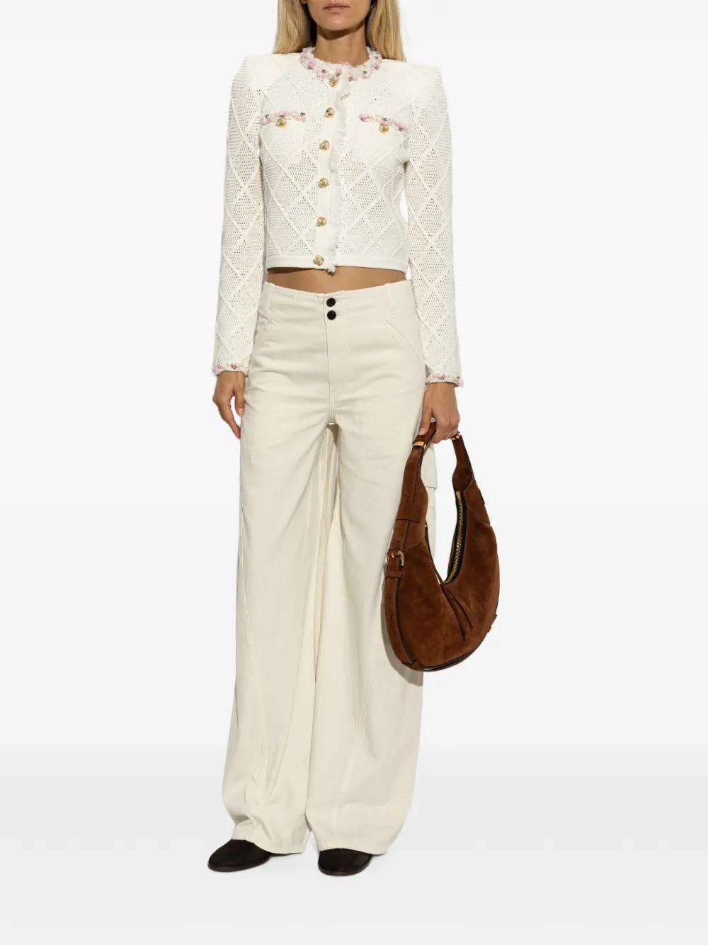 Self-Portrait Cream Fringe Knit Cardigan in White, view 2