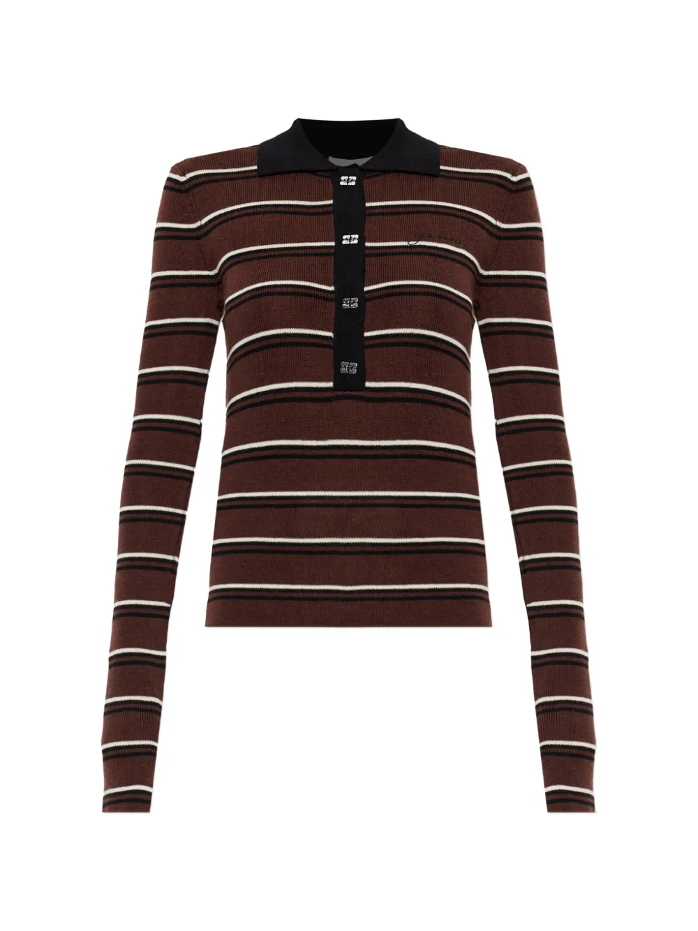 GANNI polo shirt in striped merino - Marrone
