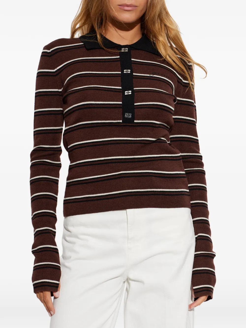 GANNI Poloshirt van gestreept merinowol Bruin