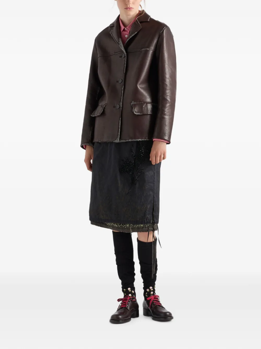 Prada Shetland wollen jack van nappaleer met chevron-streep Bruin