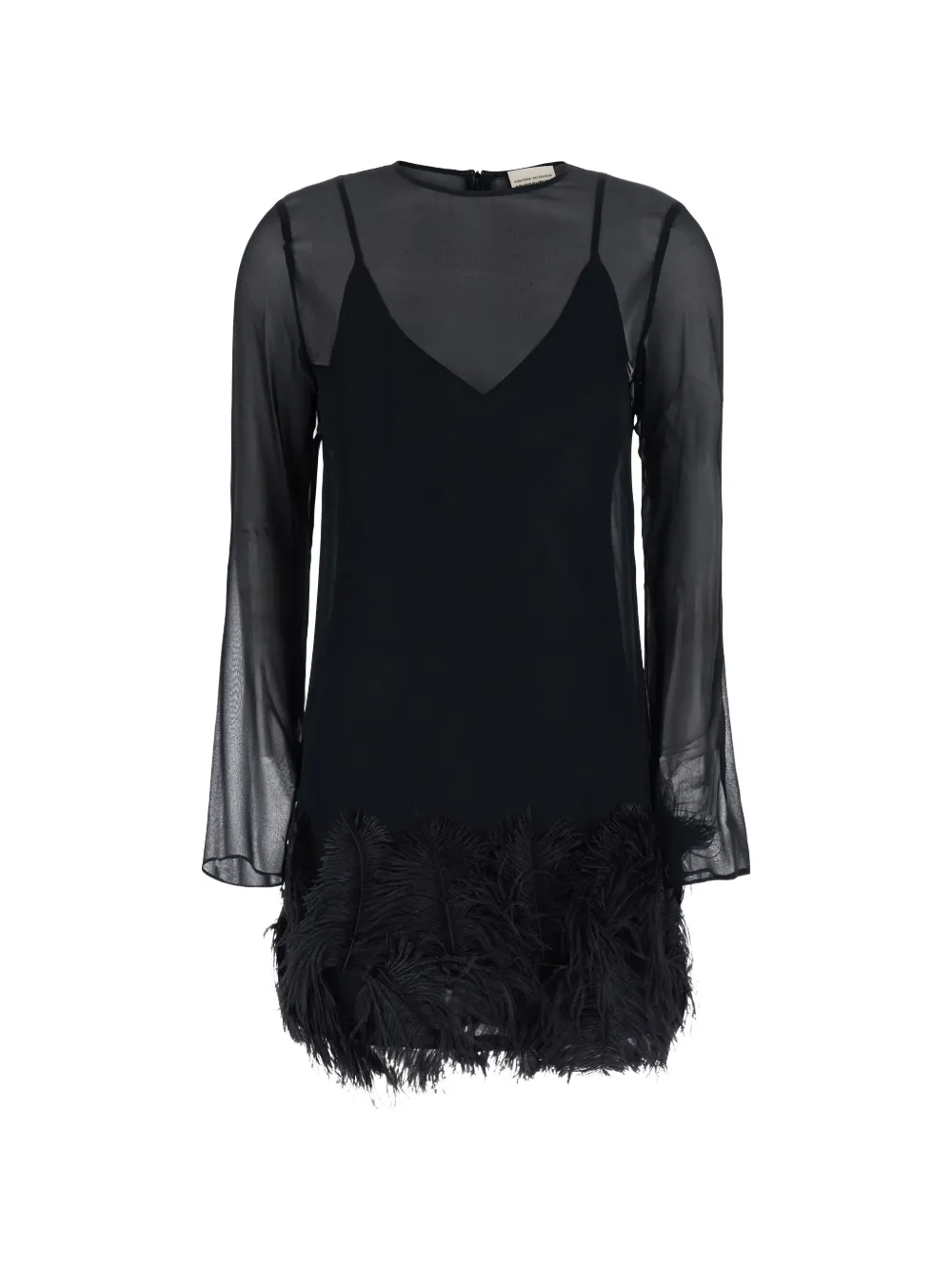 Semicouture Rae feather-trim sheer-sleeve mini dress - Schwarz