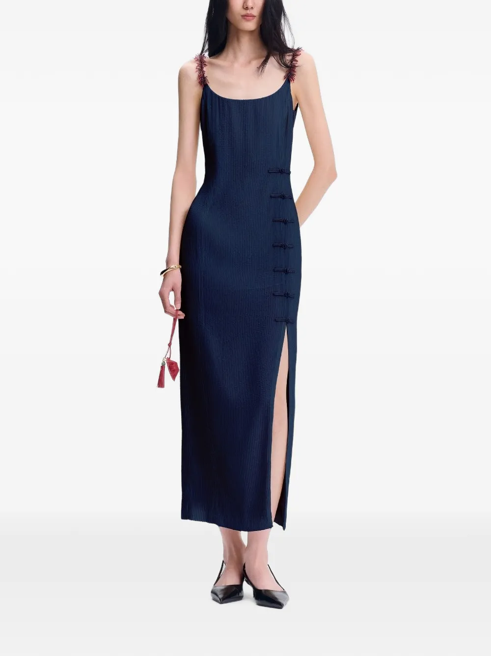 Shanghai Tang Midi-jurk verfraaid met pailletten en kikkersluiting Blauw
