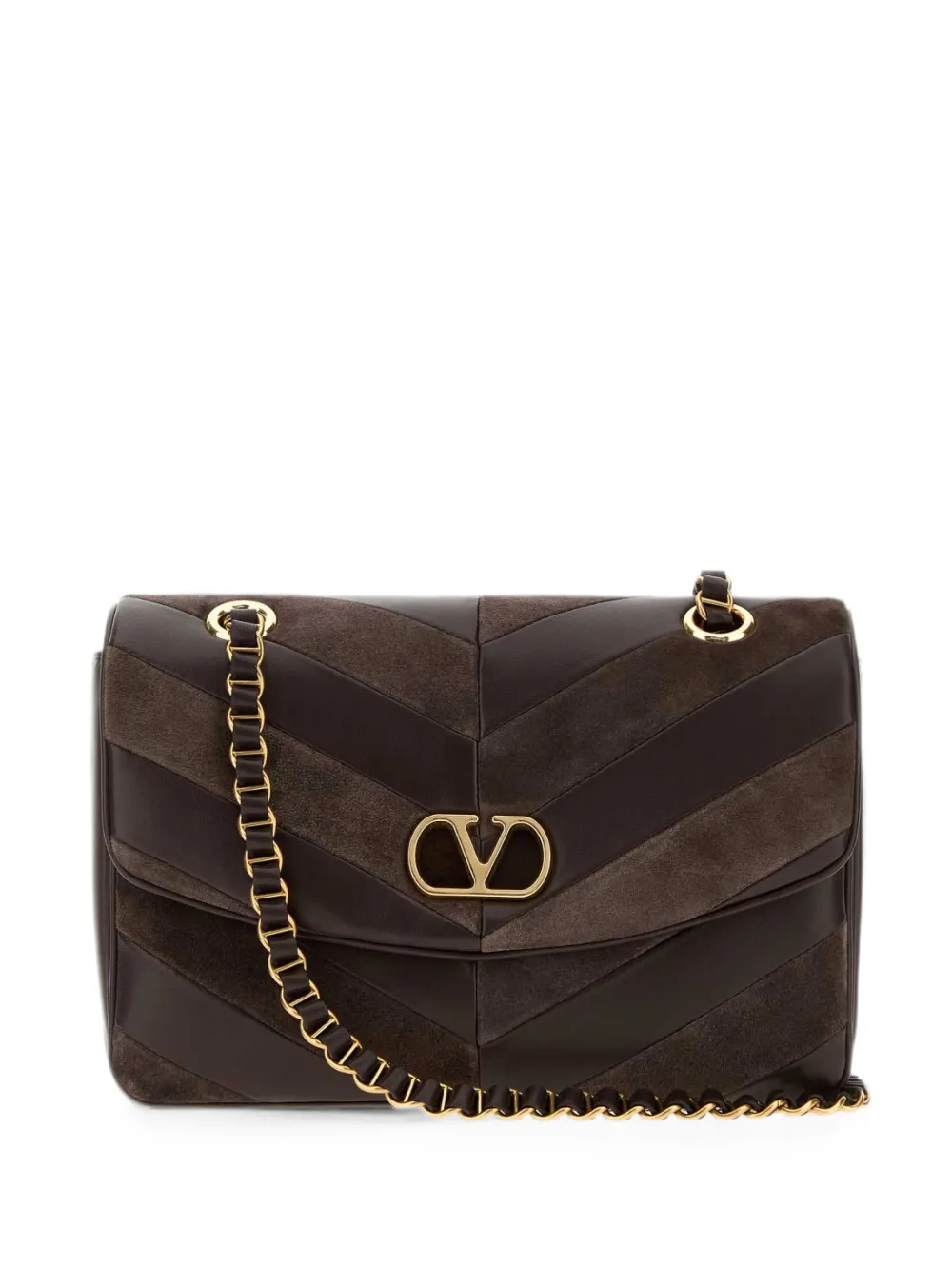 Valentino Garavani Djuna medium chain bag in suede and nappa with chevron pattern - Marrone