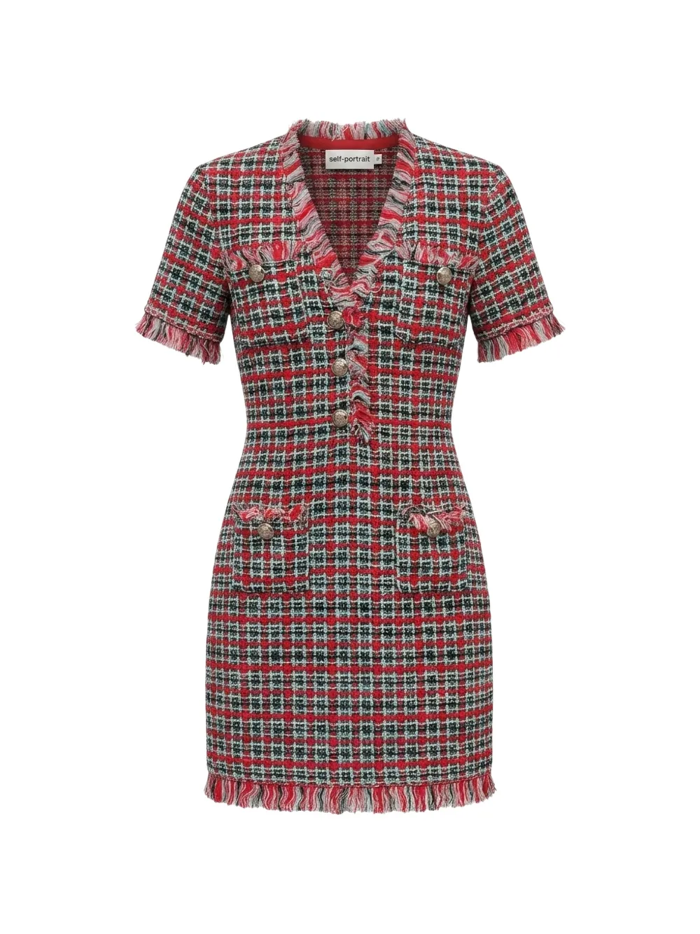 Self-Portrait red-check frayed knit mini dress - Rot