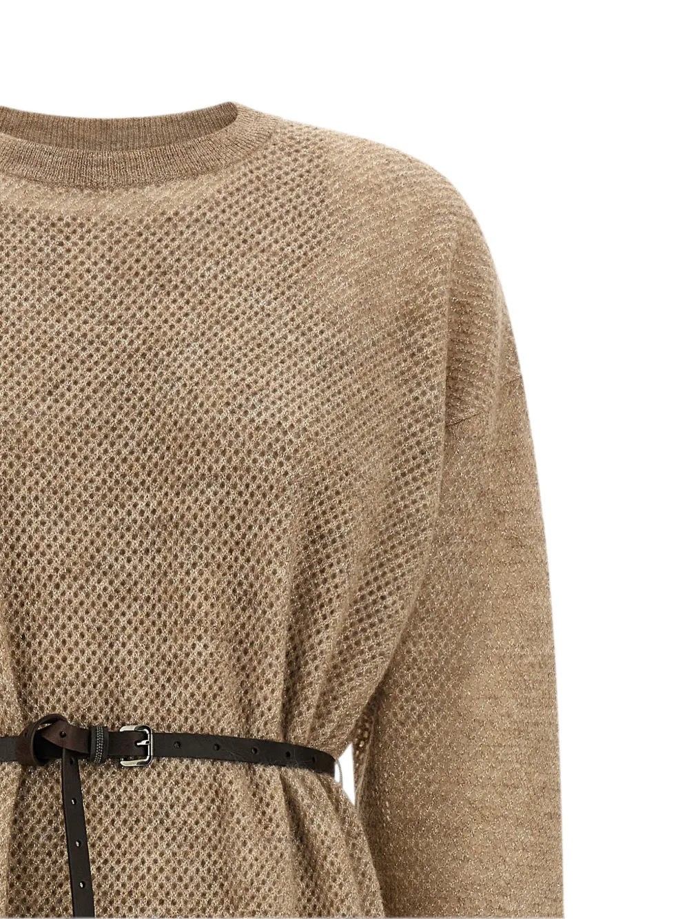 Brunello Cucinelli Mesh gebreide midi-jurk met ceintuur Beige