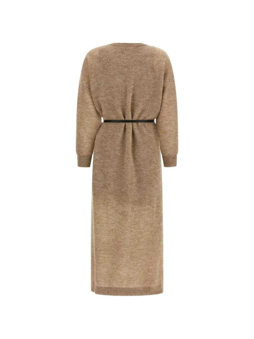 Brunello Cucinelli Mesh gebreide midi-jurk met ceintuur Beige