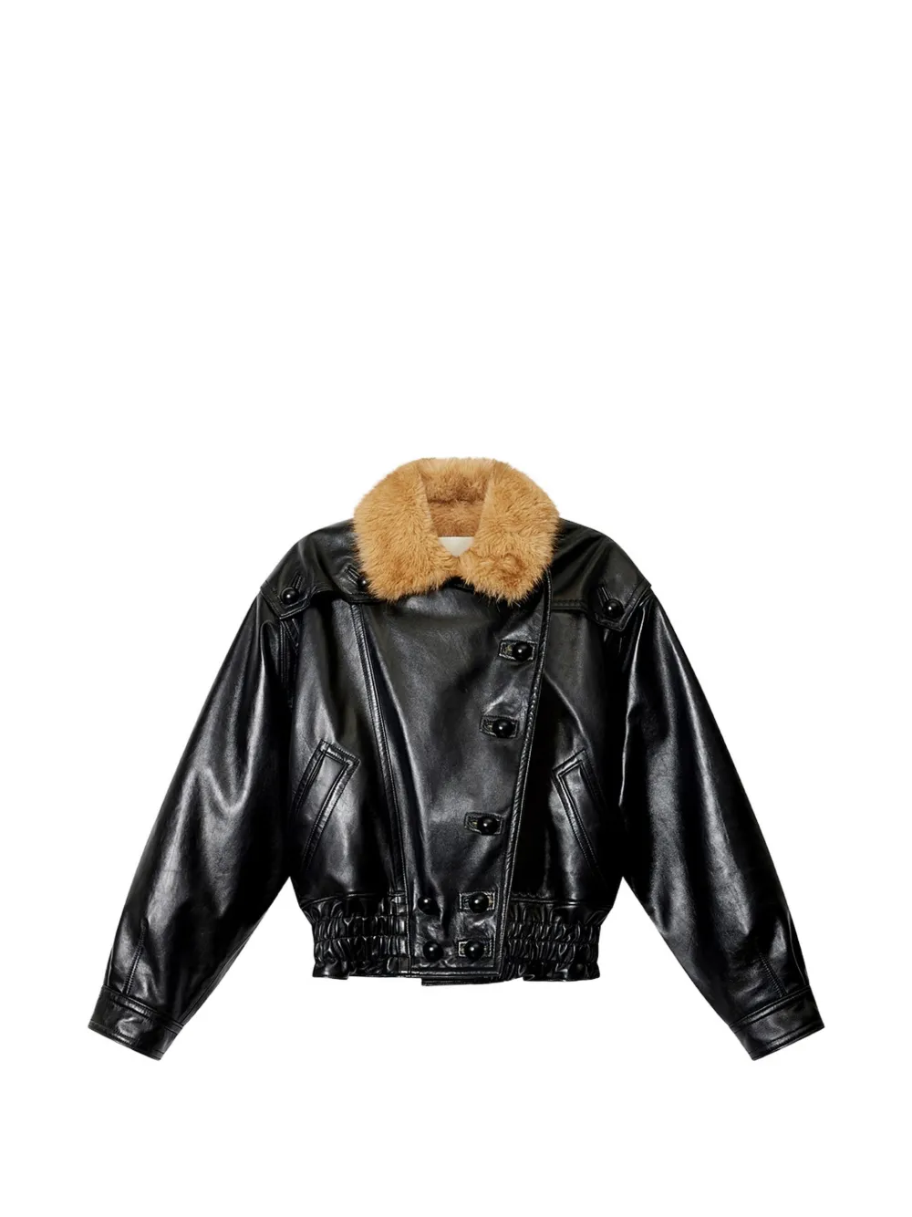 ISABEL MARANT Valina glossy leather jacket, shearling collar - Nero