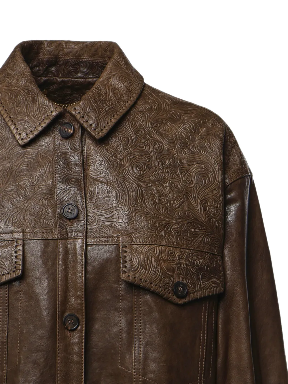 Golden Goose Leren jack met bloemen-reliëf Bruin