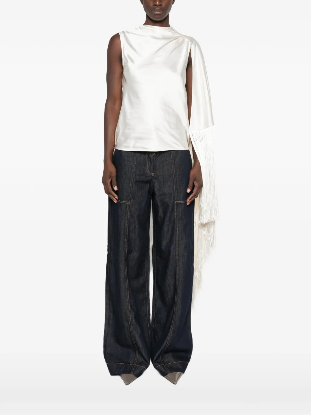 Self-Portrait Top met asymmetrisch vlak en franje afwerking Beige