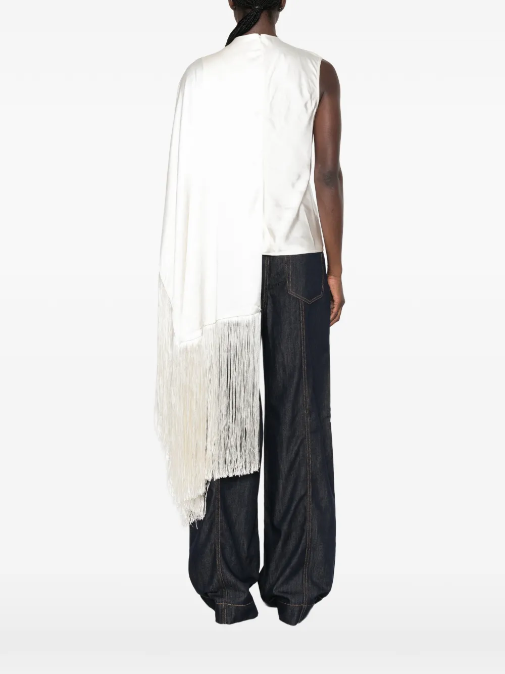 Self-Portrait Top met asymmetrisch vlak en franje afwerking Beige