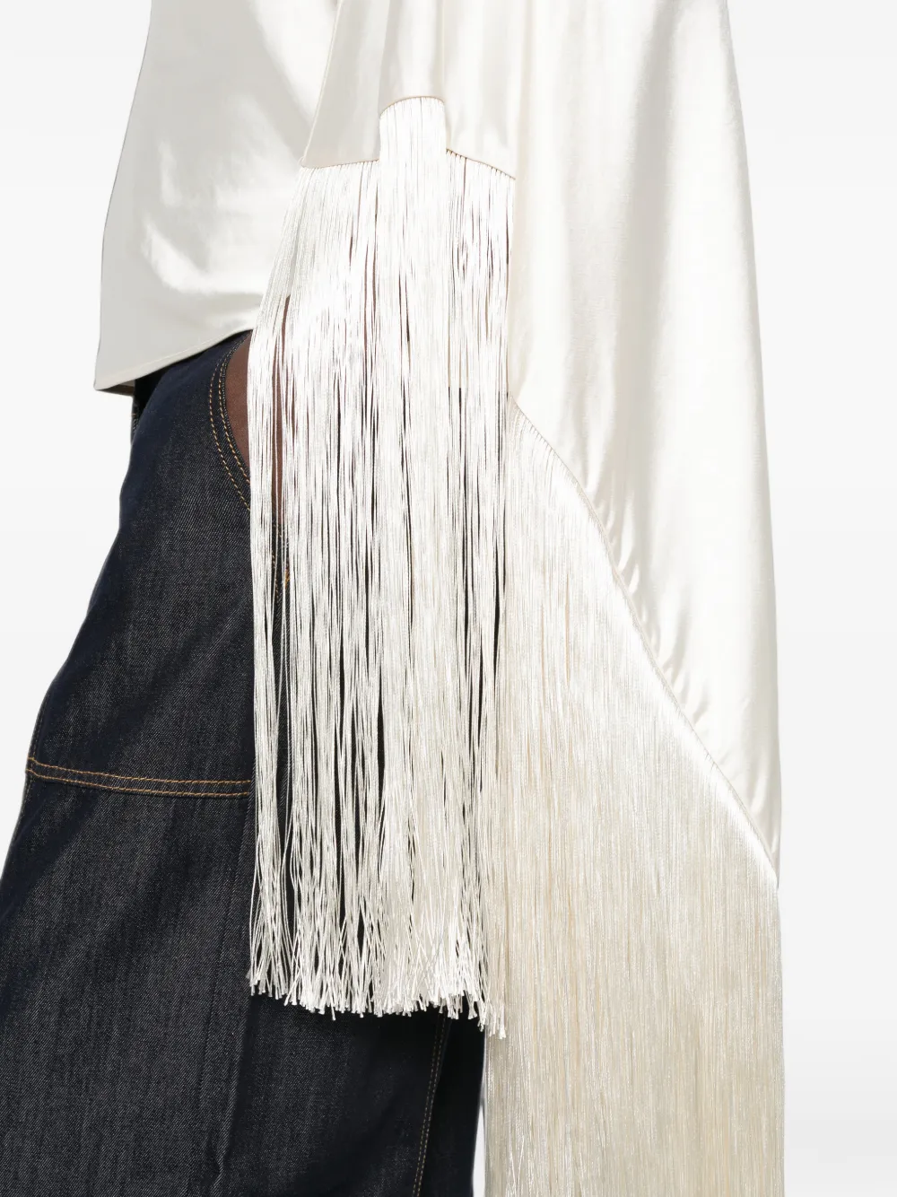 Self-Portrait Top met asymmetrisch vlak en franje afwerking Beige