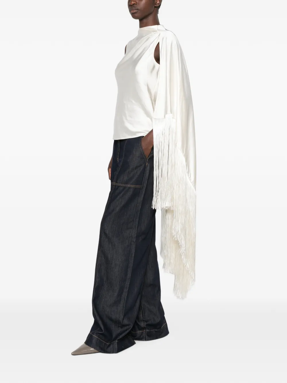 Self-Portrait Top met asymmetrisch vlak en franje afwerking Beige