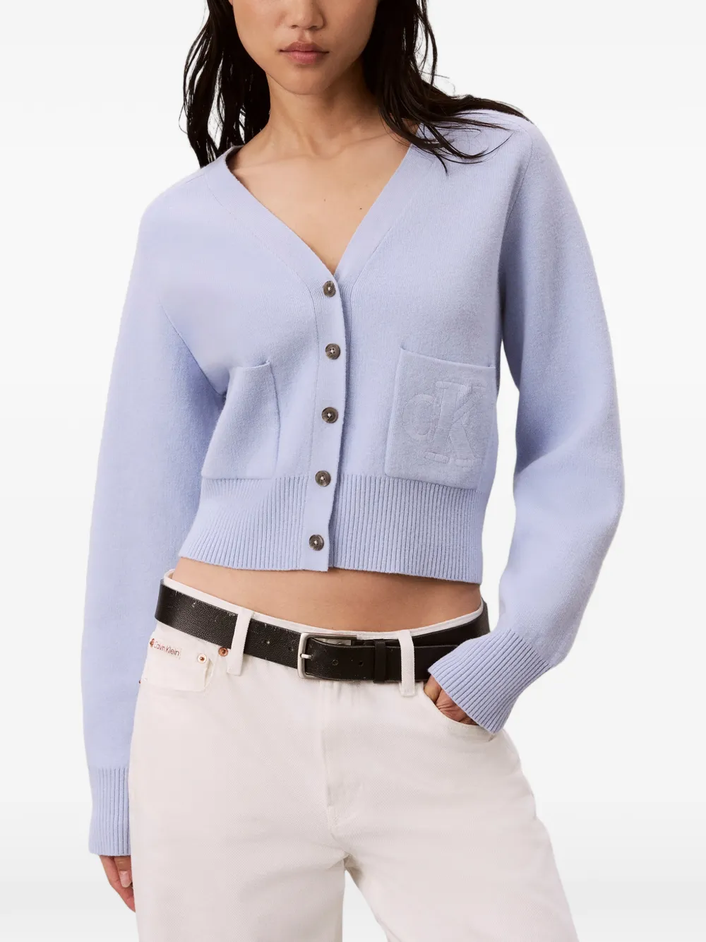 Calvin Klein Logo-patch V-neck Cardigan in Blue, view 3