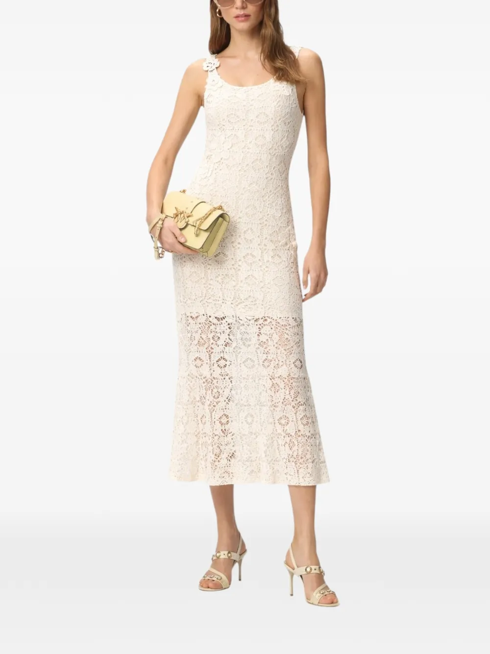 PINKO Gehaakte midi-jurk met bloemapplicatie Beige