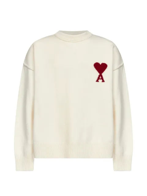 AMI Paris natural crewneck sweater in felted merino wool knit with Ami de Coeur