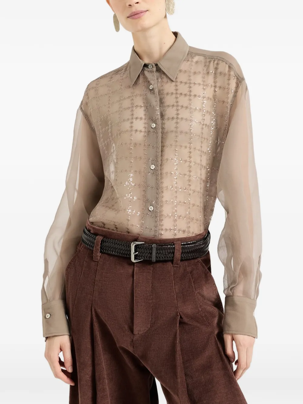 Brunello Cucinelli Geruite blouse met pailletten Bruin
