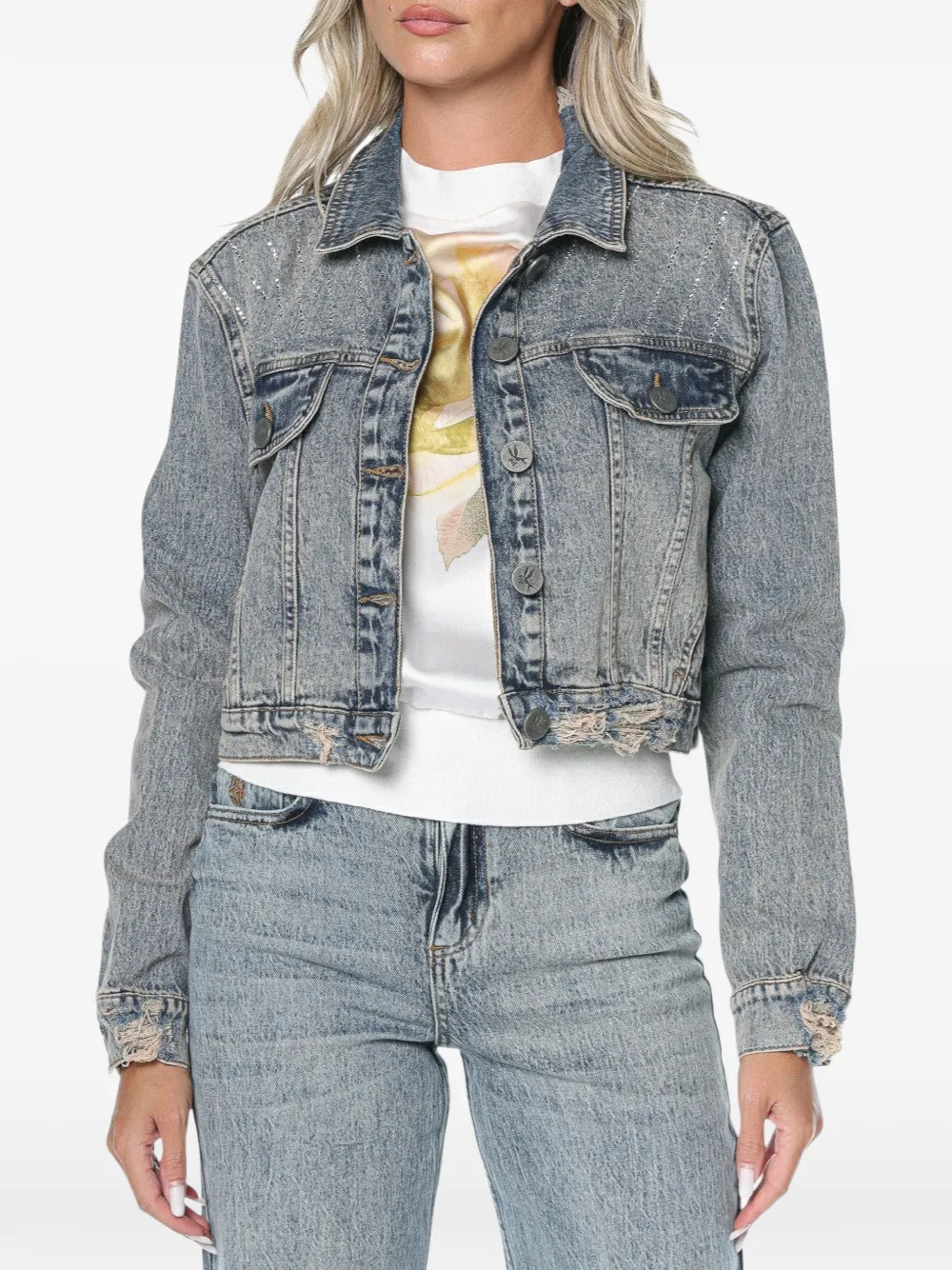One Teaspoon crystal-embellished cropped denim jacket - Blau