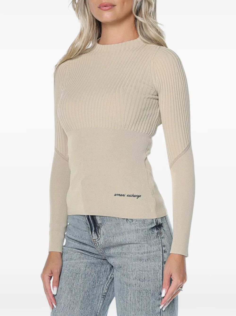 Armani Exchange ribbed-knit logo-print sweater Beige