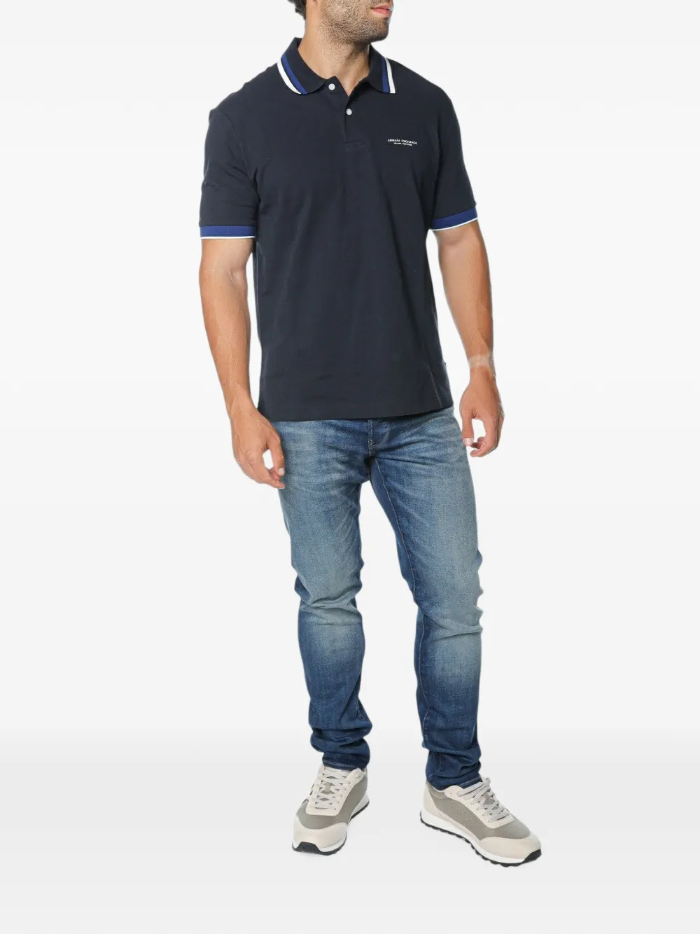 Armani Exchange logo-print tipped polo shirt Blauw