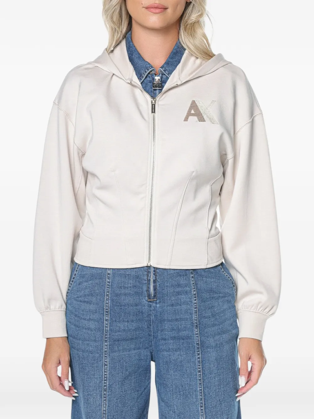 Armani Exchange logo-patch zip-up hoodie - Neutrals