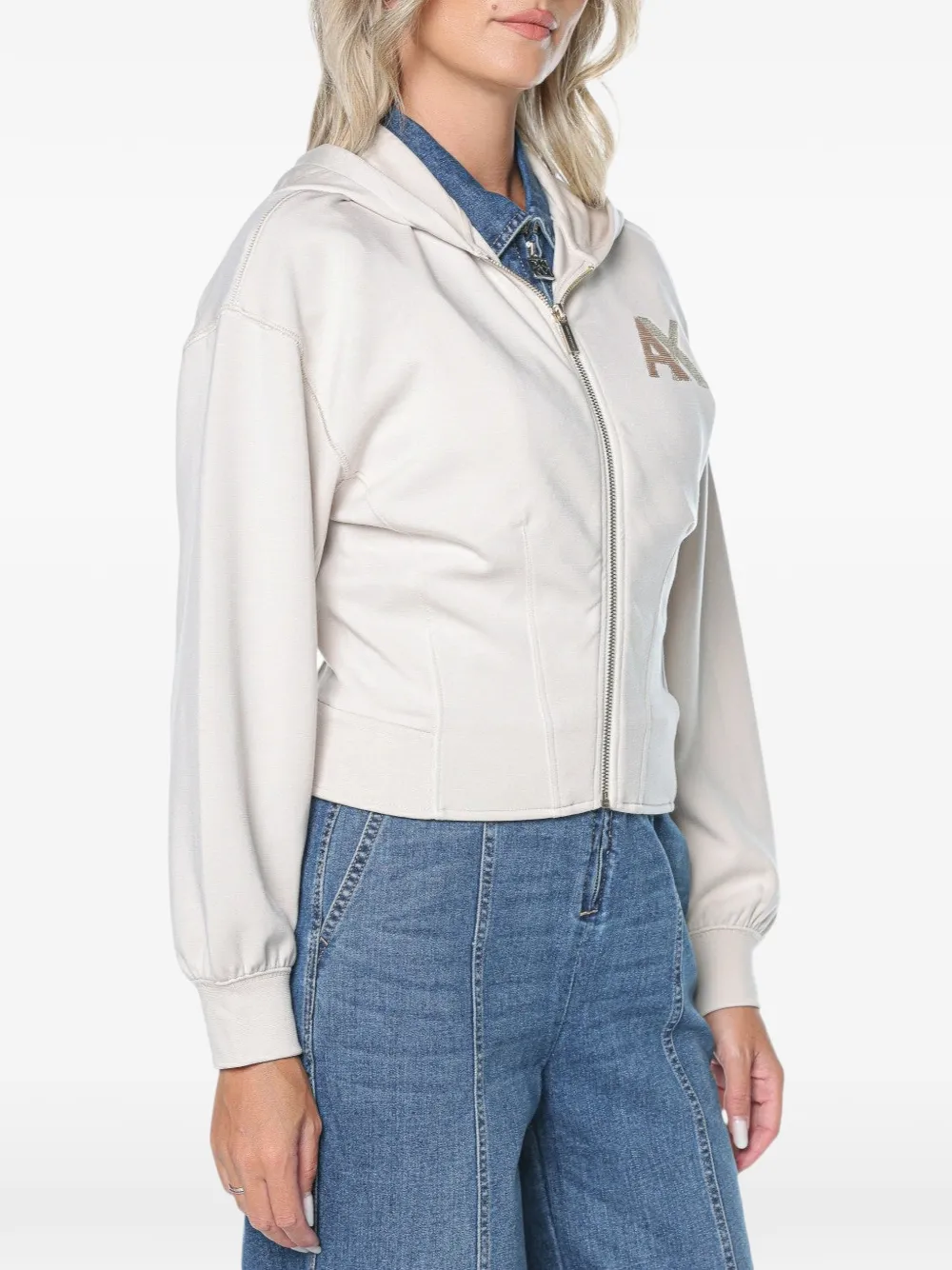 Armani Exchange logo-patch zip-up hoodie Beige