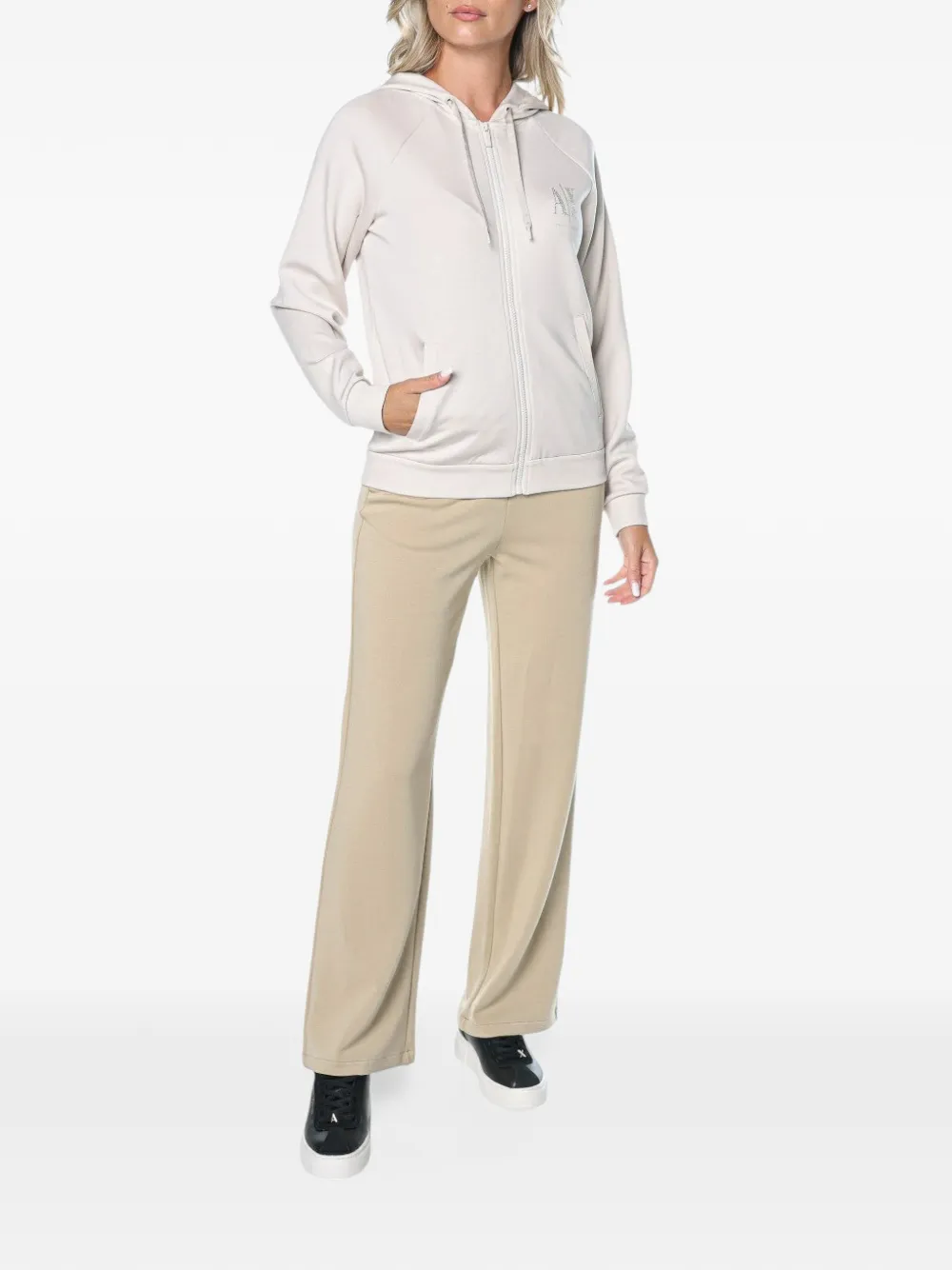Armani Exchange logo-embellished zip-up hoodie Beige