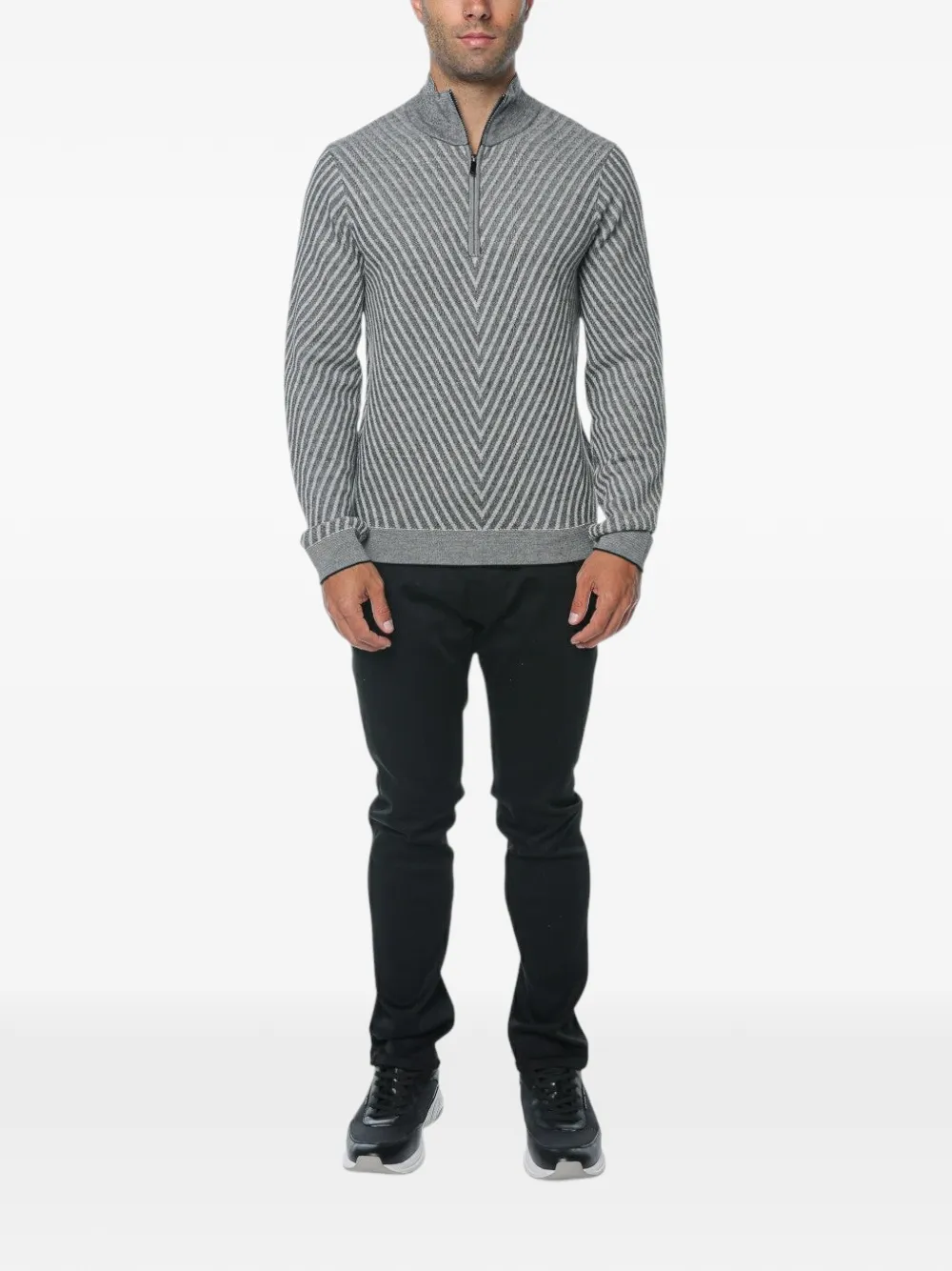 Emporio Armani Gebreide trui met halve rits en chevron-streep Grijs
