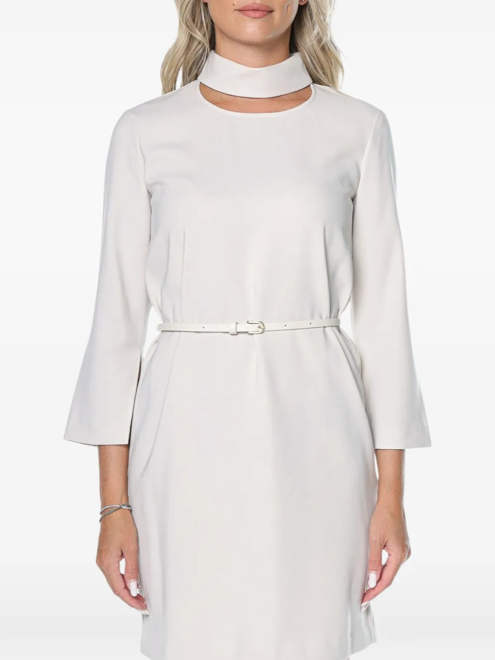 Armani Exchange belted three-quarter sleeve mini dress - White