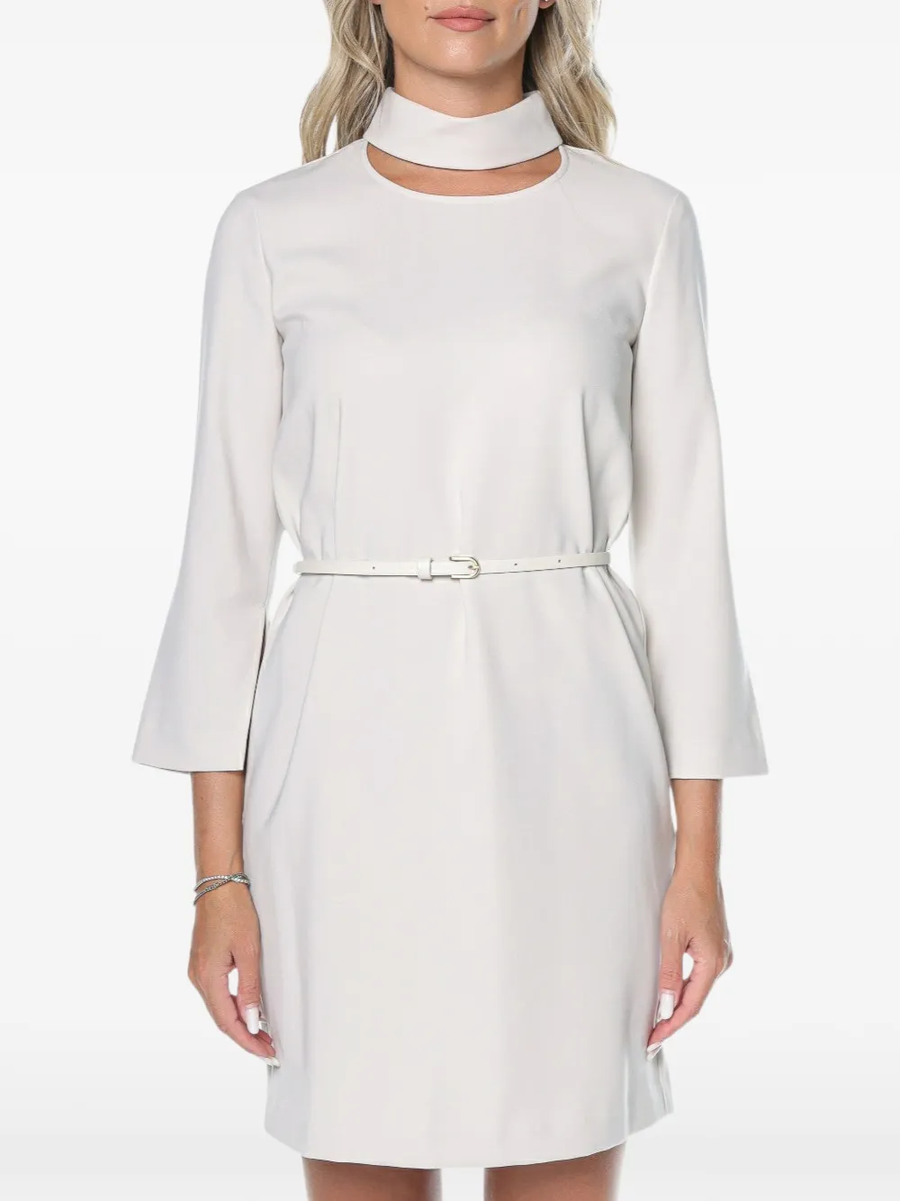 Armani Exchange belted three-quarter sleeve mini dress - White