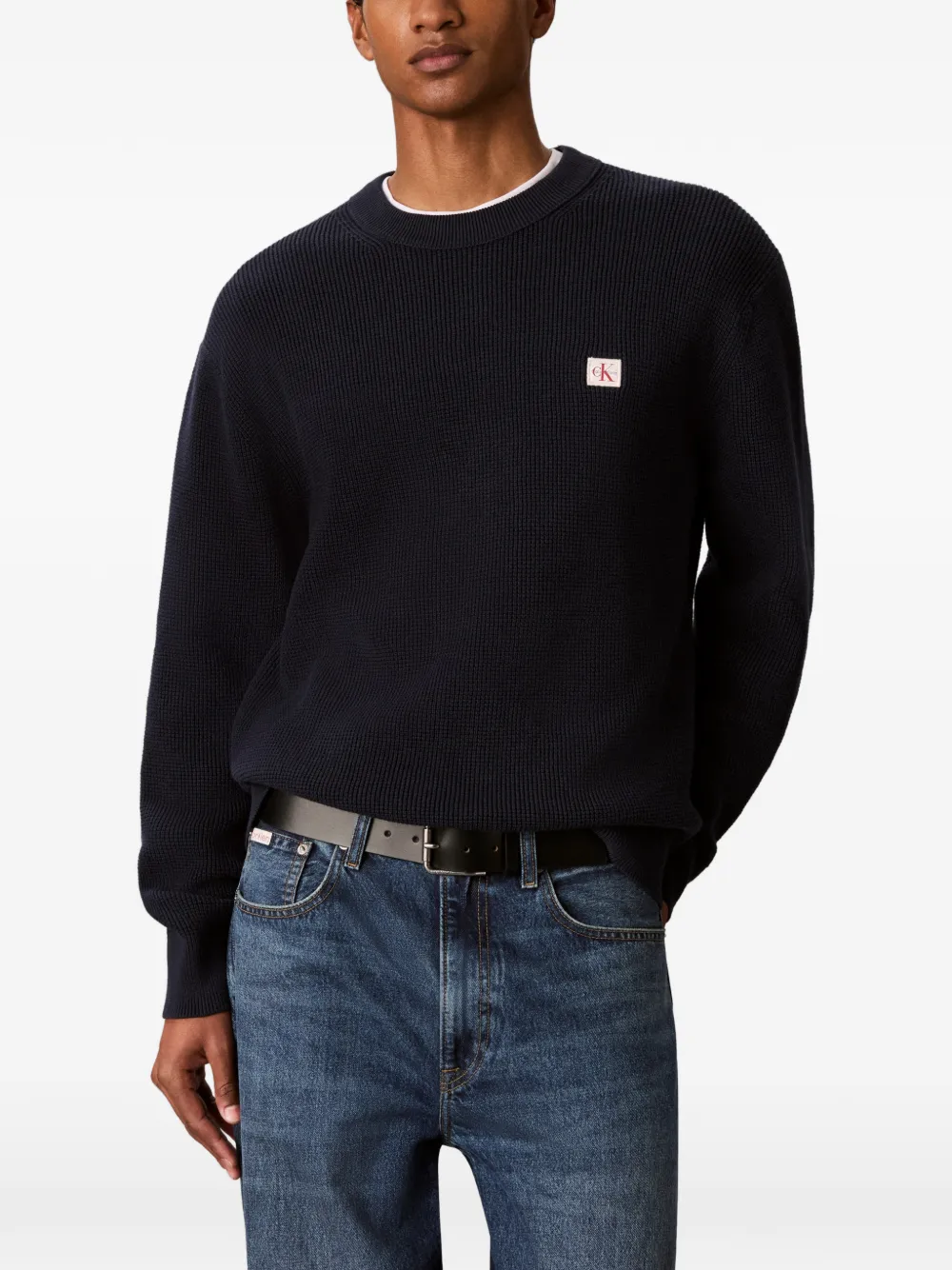 Calvin Klein Wafelgebreide trui met logopatch Blauw