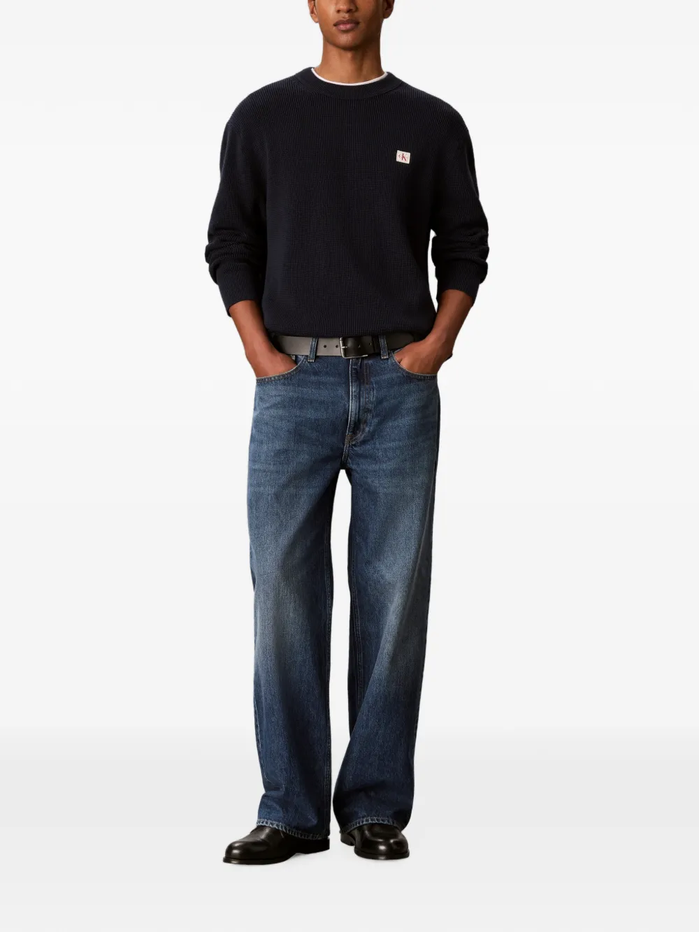 Calvin Klein Wafelgebreide trui met logopatch Blauw