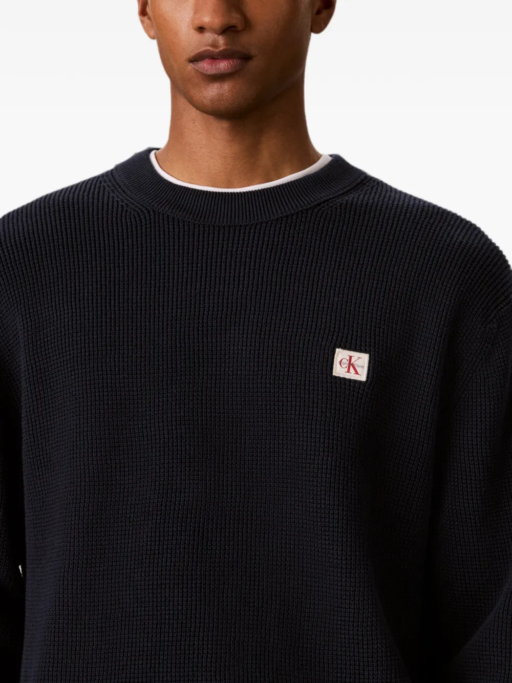 Calvin Klein Wafelgebreide trui met logopatch Blauw